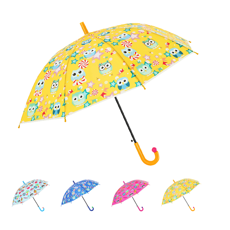 Ovida Auto Open Stick Kids Umbrella With Yellow plastic fabric Curved Handle with little pink nose coustom design