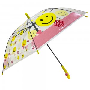 Ovida Auto Open straight Umbrella With Yellow plastic fabric and smile pattern Curved Handle with little pink balls