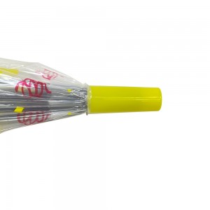 Ovida Auto Open straight Umbrella With Yellow plastic fabric and smile pattern Curved Handle with little pink balls