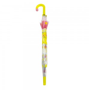 Ovida Auto Open straight Umbrella With Yellow plastic fabric and smile pattern Curved Handle with little pink balls