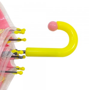 Ovida Auto Open straight Umbrella With Yellow plastic fabric and smile pattern Curved Handle with little pink balls