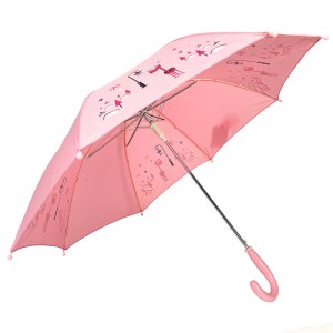 Ovida 190T pink Pongee Manual open straight Pink umbrella for girls umbrella with color change print kids umbrella