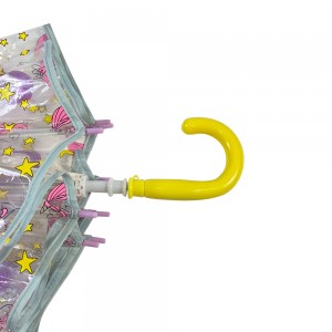 Paraguas Ovida de 19 pulgadas, apertura manual, diseño de unicornio, estampado personalizado en POE/PVC, transparente con mango de plástico.
