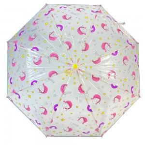Paraguas Ovida de 19 pulgadas, apertura manual, diseño de unicornio, estampado personalizado en POE/PVC, transparente con mango de plástico.