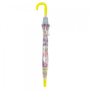 Paraguas Ovida de 19 pulgadas, apertura manual, diseño de unicornio, estampado personalizado en POE/PVC, transparente con mango de plástico.