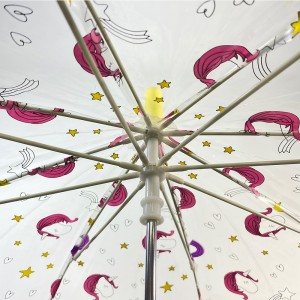 Paraguas Ovida de 19 pulgadas, apertura manual, diseño de unicornio, estampado personalizado en POE/PVC, transparente con mango de plástico.
