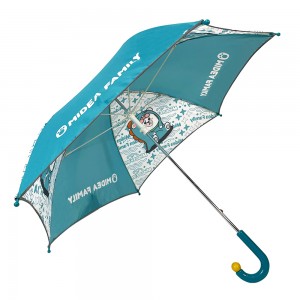 Ovida Kid umbrella with Pongee Fabric sky blue colors with grey piping J shape handle with yellow balls ucstomized logo