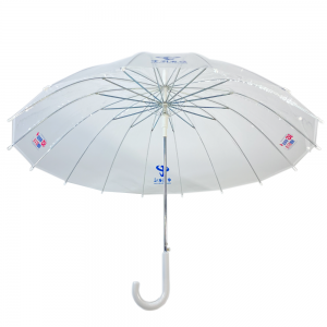 Umbella OVIDA in plastica PVC, recta, perspicua, vento resistens, cum designatione logoi personalis.