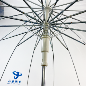 Umbella OVIDA in plastica PVC, recta, perspicua, vento resistens, cum designatione logoi personalis.