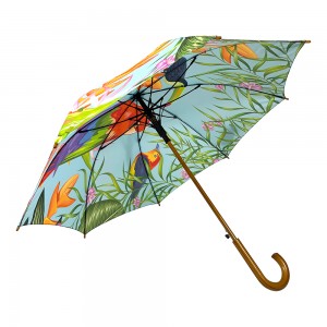 Umbrelă OVIDA de 23 de inci cu 8 nervuri, cu tijă și mâner din lemn natural, cu pictură pe păsări