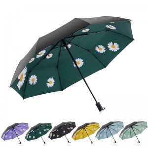 Ovida patio black UV coating with daisy flower 3 folding umbrellas safe manual open and close fashion design umbrellas hot sale