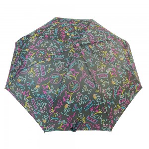 OVIDA three folding light weight umbrella with black aluminum shaft cartoon umbrella