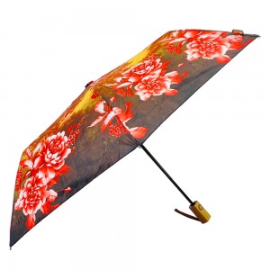 Ovida 3 fold Automatic open windproof Umbrella Maple and Flower Full print Custom Design Umbrella