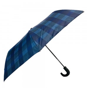 Ovida 3 fold Auto open Bend J handle Business windproof Umbrella with Check design fabric