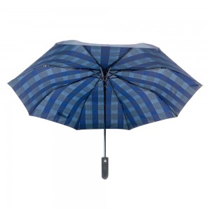 Ovida 3 fold Auto open Bend J handle Business windproof Umbrella with Check design fabric