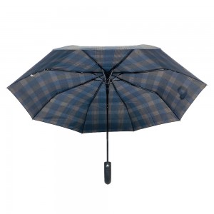 Ovida 3 fold Auto open Bend J handle Business windproof Umbrella Unisex Check design fabric
