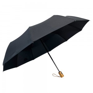 Ovida automatic 3 fold plain umbrella with wooden handle 8 ribs wind proof pongeed fabric three section umbrellas