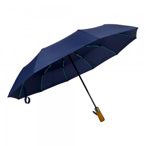 OVIDA 23 Inch 10Rib Auto Open Close Pongee Material Wooden Handle Three Folding Umbrella for Adults
